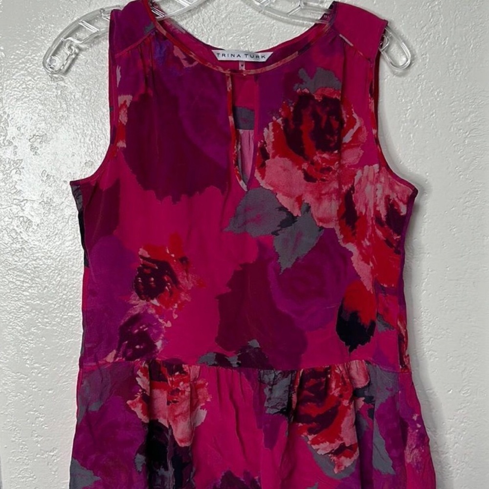 Trina Turk Silk Sleeveless Keyhole Top Blouse Pink Floral Watercolors MEDIUM